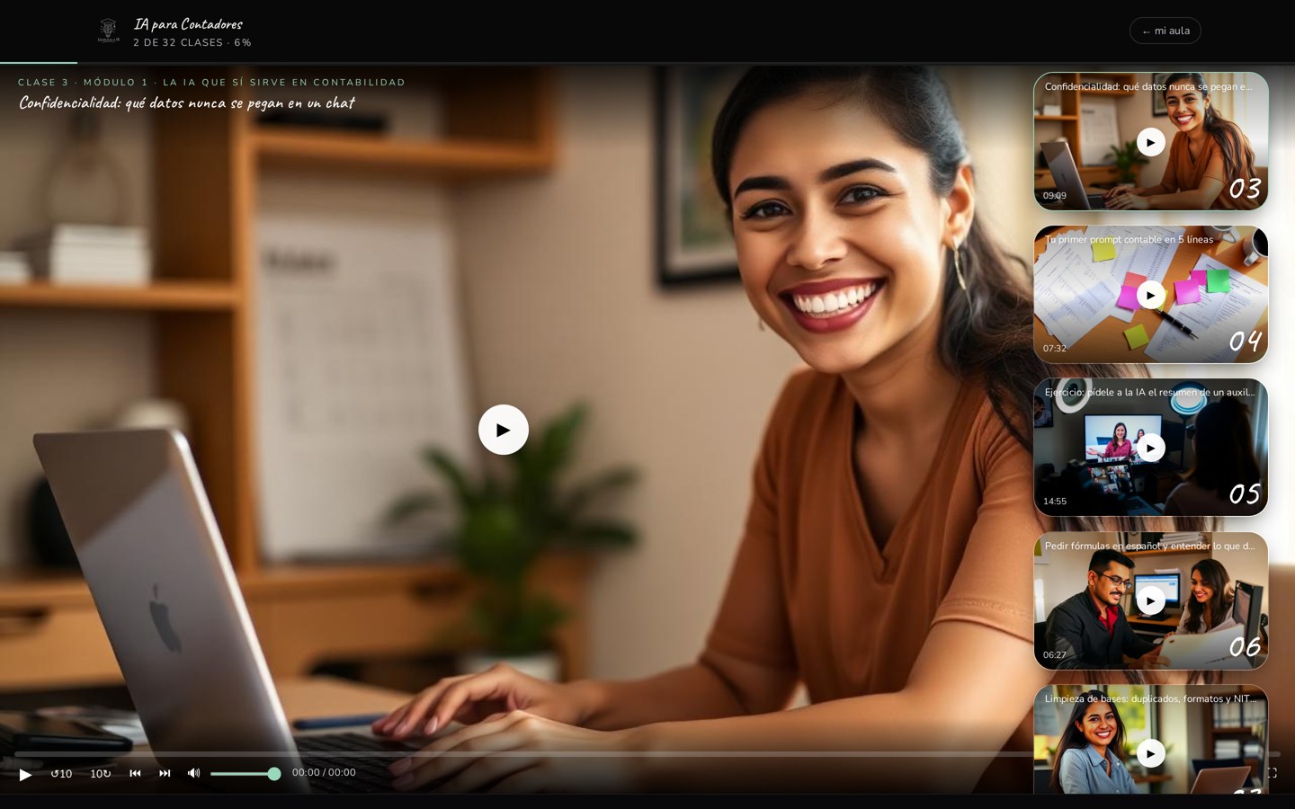 Reproductor de clases con la lista de próximos videos al costado