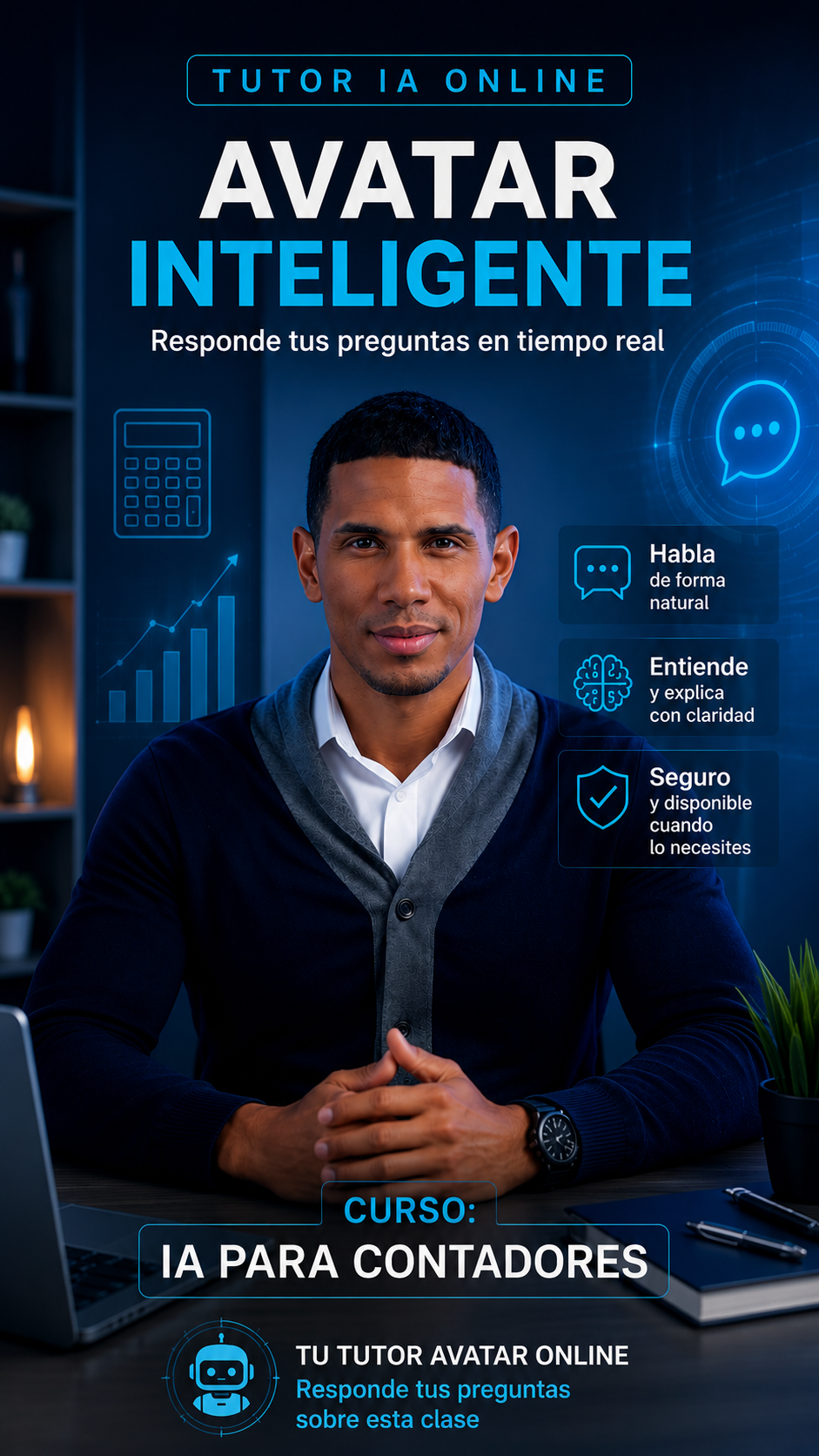 Avatar del Tutor IA de Escuela de la IA respondiendo dudas en vivo