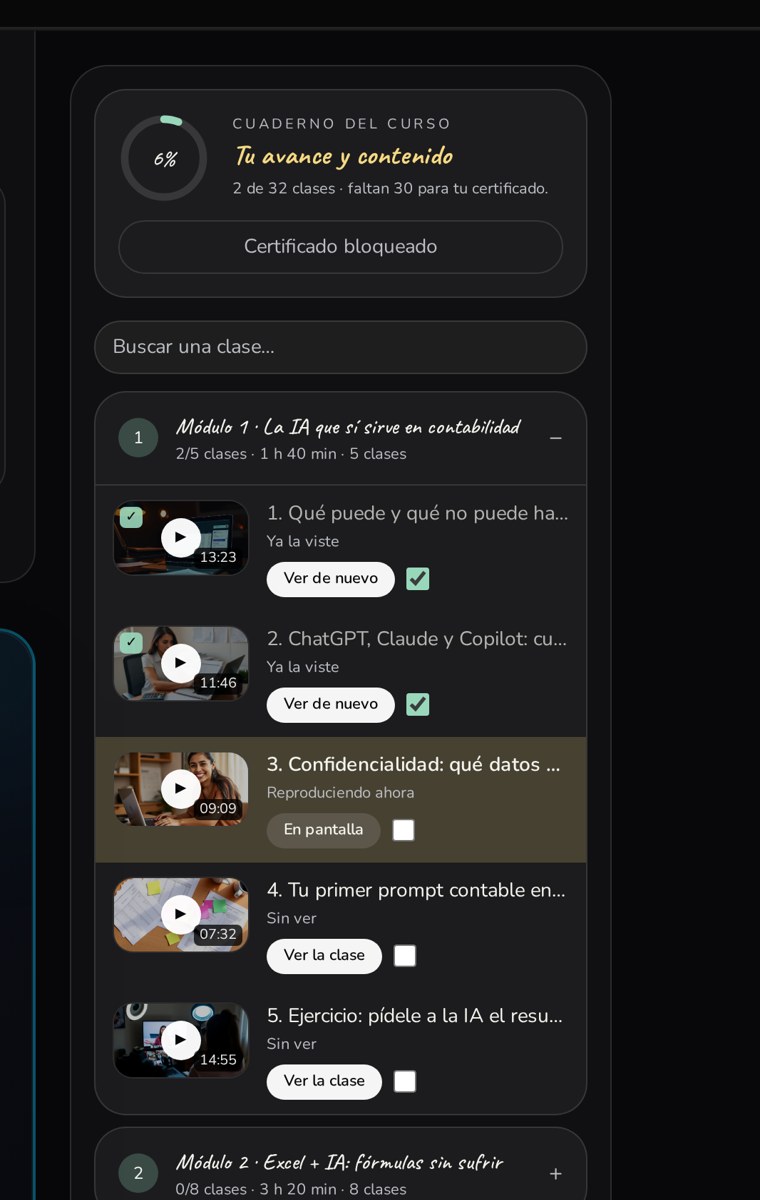 Cuaderno del curso con el porcentaje de avance, módulos y clases vistas