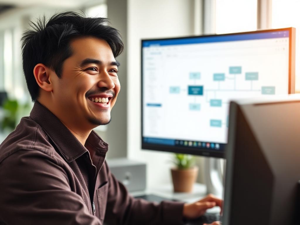 Estudiante del curso practicando feliz con su computador