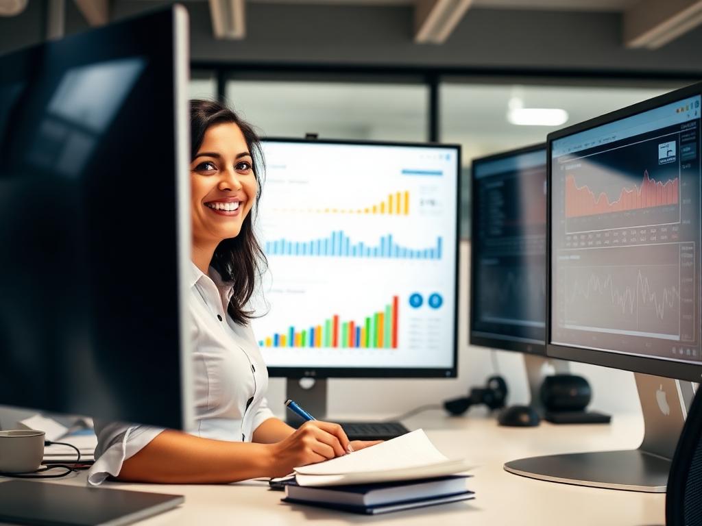 Estudiante del curso practicando feliz con su computador