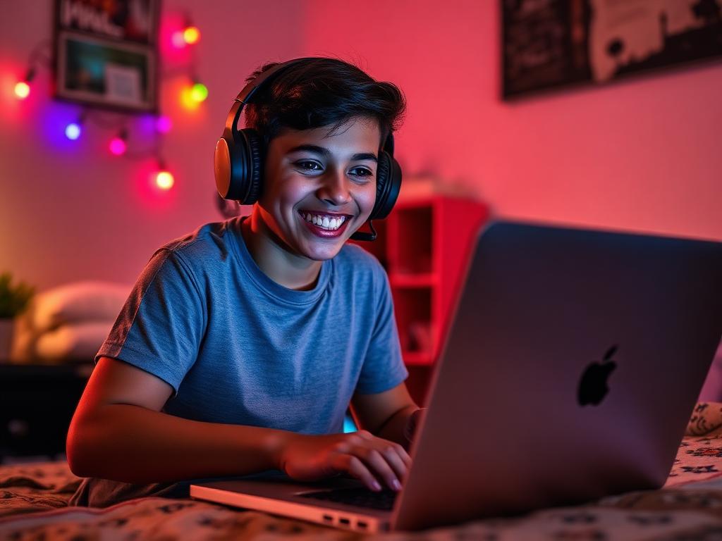 Estudiante del curso practicando feliz con su computador