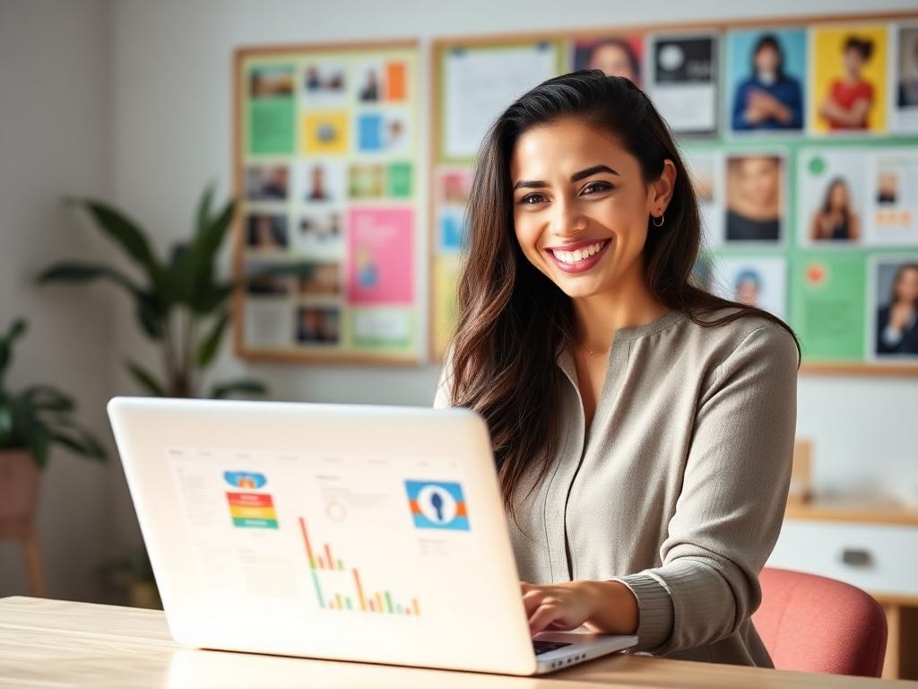 Estudiante del curso practicando feliz con su computador