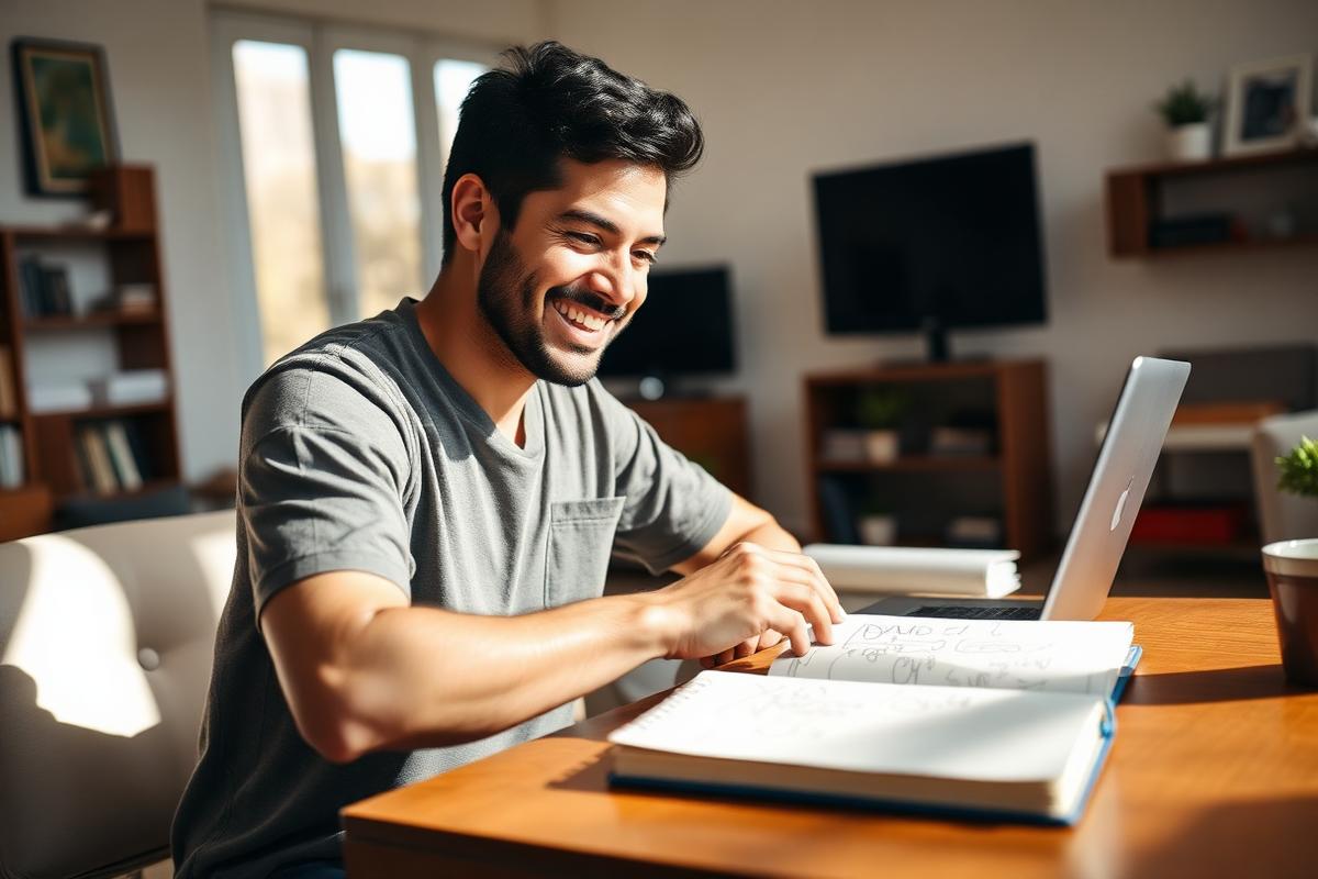 Estudiante del curso practicando feliz con su computador