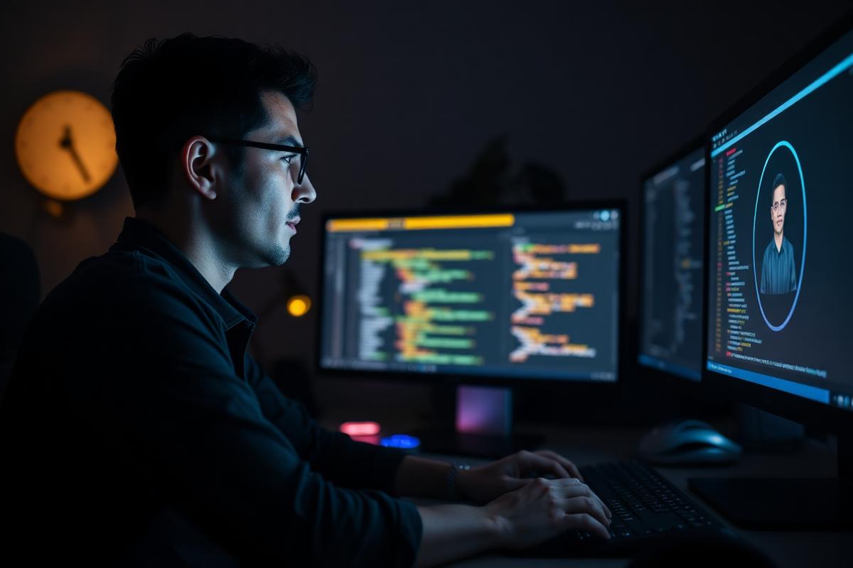 Estudiante del curso practicando feliz con su computador