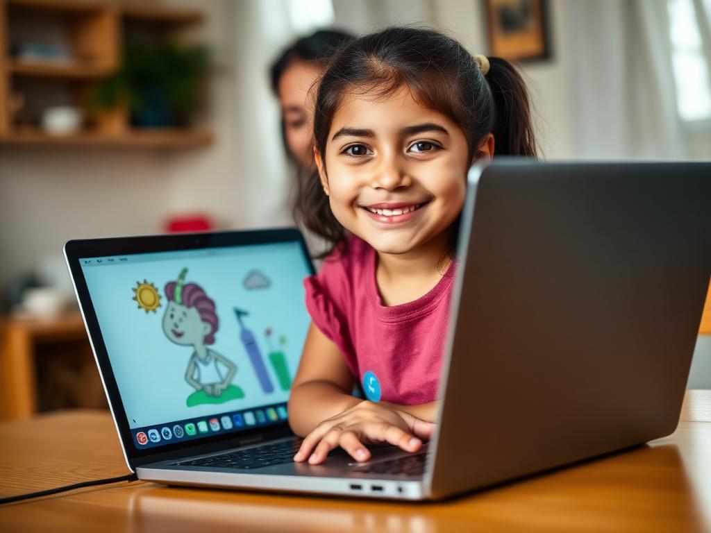 Estudiante del curso practicando feliz con su computador