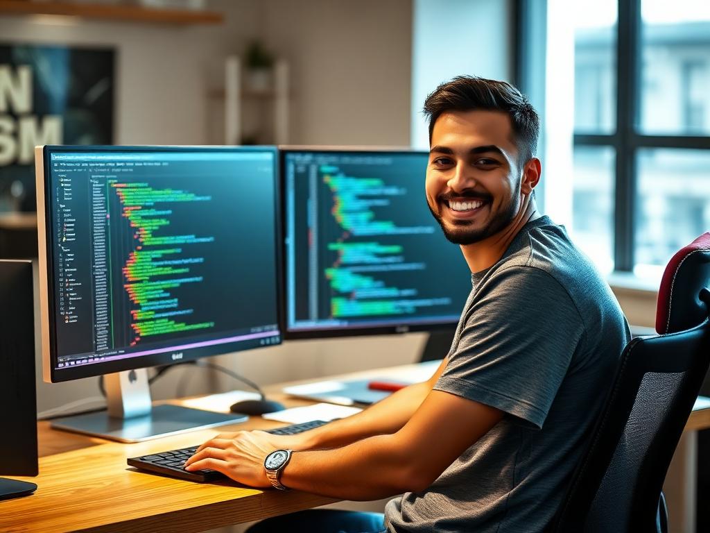 Estudiante del curso practicando feliz con su computador