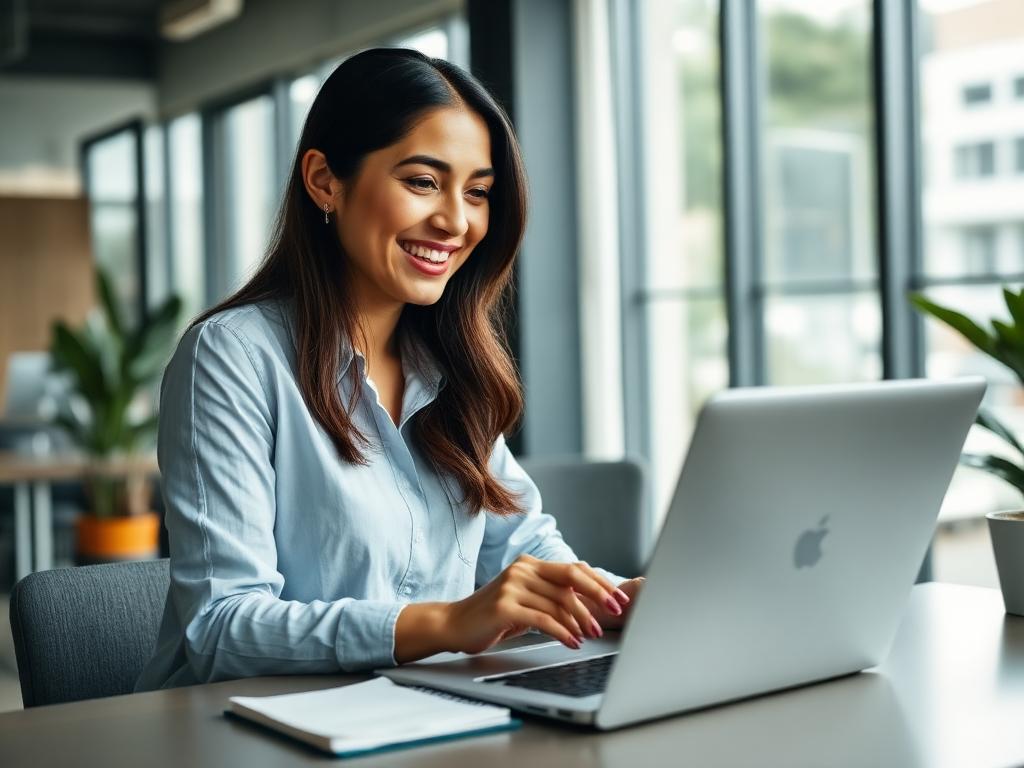 Estudiante del curso practicando feliz con su computador