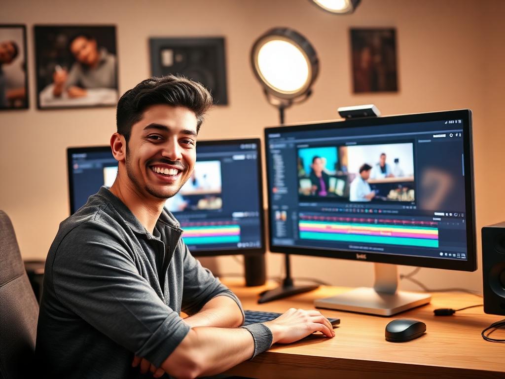 Estudiante del curso practicando feliz con su computador