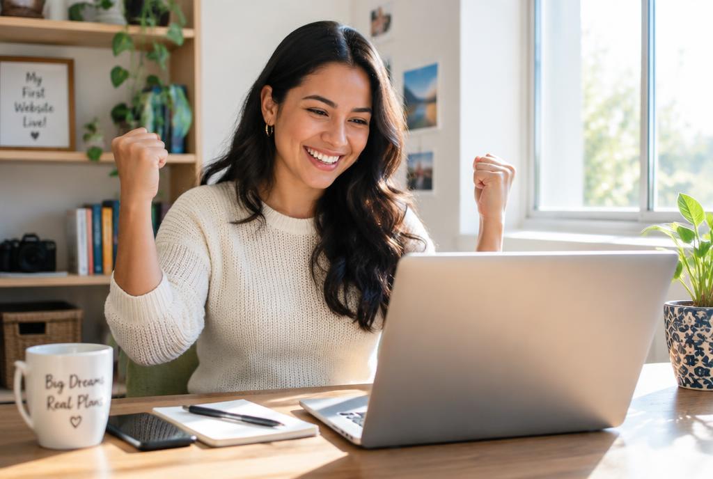 Estudiante del curso practicando feliz con su computador